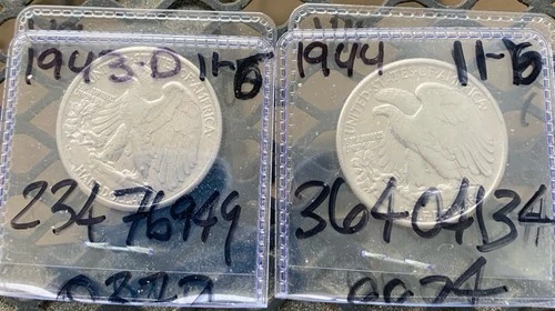 Lot Of Two (2) (au-bu) LIBERTY WALKING SILVER HALF DOLLARS :: 1943-D 1944-P