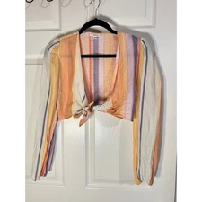 Bar III Women's Striped Tie Front Long Sleeve Crop Top Blouse, XS