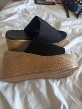 Black Ribbed Platform Wedge Mule Sandals – Woven Look