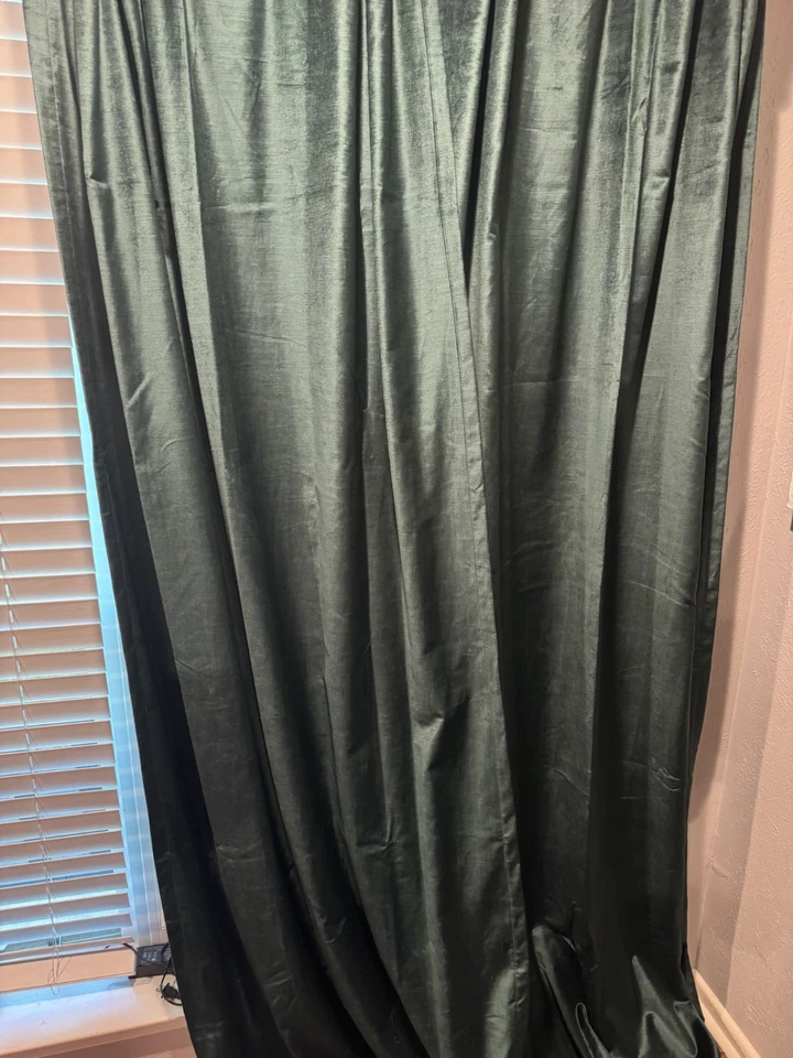 West Elm Two (2) Luster Velvet Curtains 48x108 Dark Royal Green Rod - Image 4 of 4