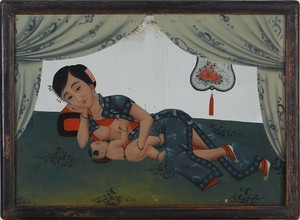 Antique Chinese reverse glass mirror picture,19thC