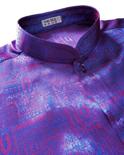 Mens Mandarin Collar Shirt Jacquard Thai Silk Long-Short Sleeve Casual Small-3XL - Picture 37 of 59