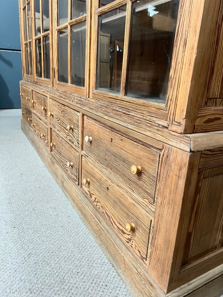 Large Victorian Glazed Pine Bookcase / Large Antique Pine Bookcase