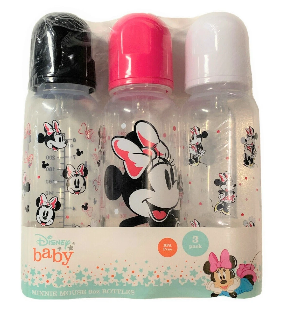 BABY BOTTLE SET 3 - GIRLS - DISNEY MINNIE MOUSE BLACK WHITE - 9 oz BPA FREE