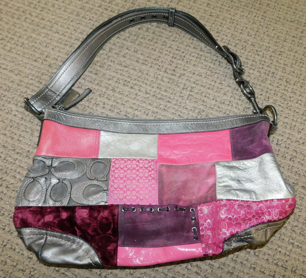 Coach Holiday Patchwork Pink Purse Bag Tote Silver Purple F12865
