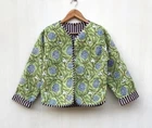 Indian Green Floral Quilted Cotton Jacket Handmade Jacket Women's Clothing US