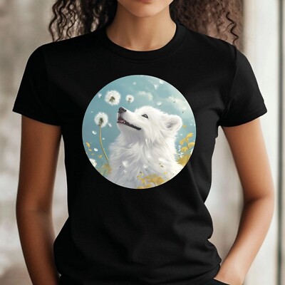 Frauen T-Shirt Samoyed mit Löwenzahn Motiv Baumwolle Größe S bis 3XL