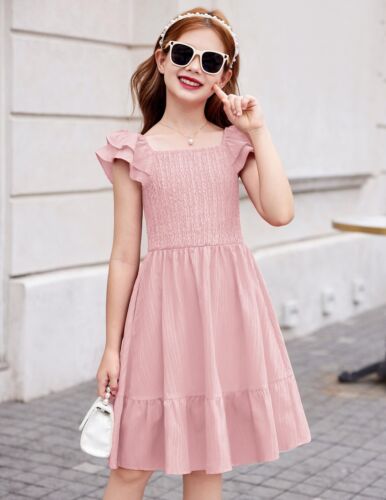 Girls Light Pink Dresses Square Neck Ruffle Sleeve with Pockets Birthday Vale... - Picture 6 of 6