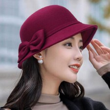 Vintage Women Wool Felt Bucket Cap Flower Winter Cloche Church Bowler Hat Ladies