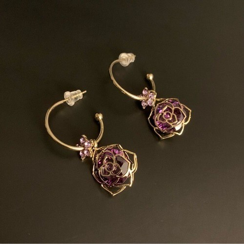 Gold Tone Lavender Purple Cubic Zirconia Dainty Rose Flower Dangle Hoop Earrings - Picture 3 of 4