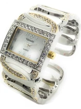 Varsales Ladies Rectangle Fancy Rhinestones Bangle Cuff Fashion Watch Pearl Dial