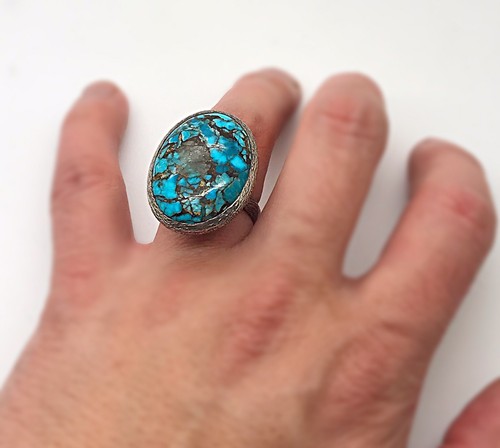 Boho Matrix Turquoise Gemstone Cocktail Silver Ring, Love Gift - Picture 2 of 10