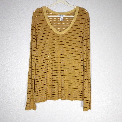 Hard Tail Forever Long Sleeve Top Size Large Mustard Yellow Fishnet Mesh Top Y2K - Picture 9 of 10