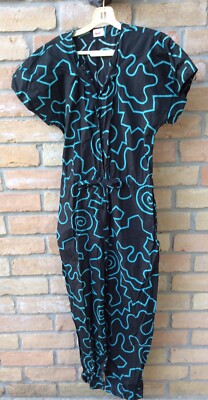 VTG 80s Mondi Jumpsuit Playsuit Germany Sz 38 M? Black Blue Artsy Geometric 40''B