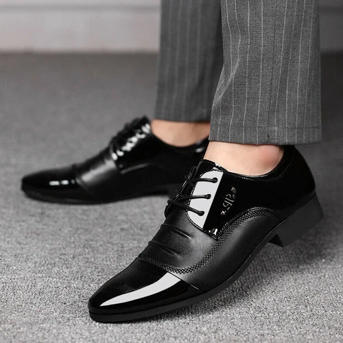 Herren Schwarz Lack Leder Smoking Anzug Schuhe Glänzend Hochzeit Ball Spleißung - Bild 4 von 16