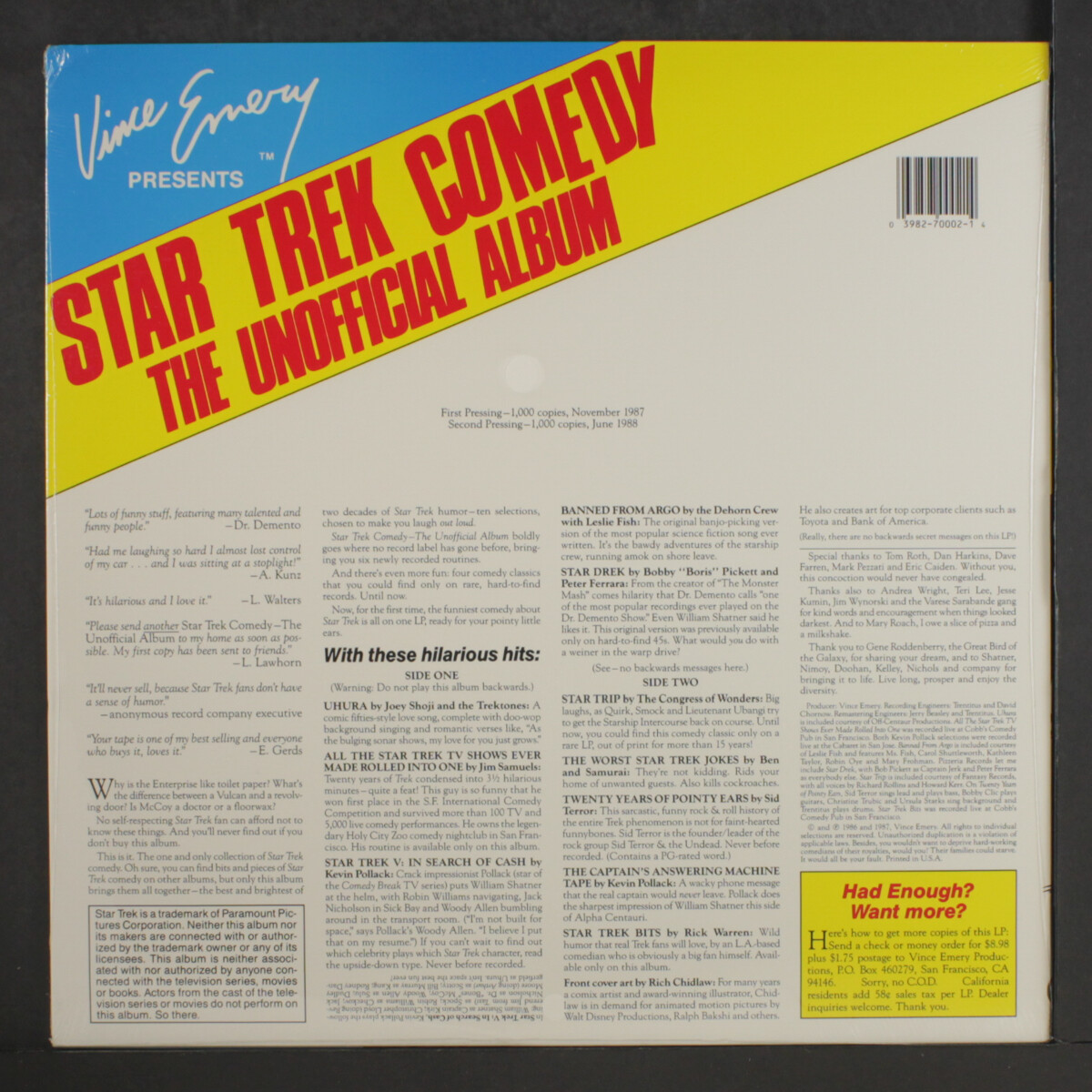 VARIOUS: star trek comedy the unofficial album Vince Emery 