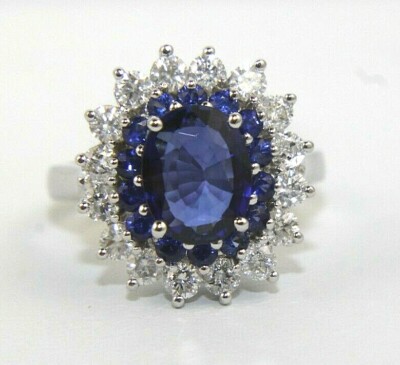 Natural Oval Blue Sapphire & Diamond Halo Solitaire Ring 14k White Gold 3.17Ct