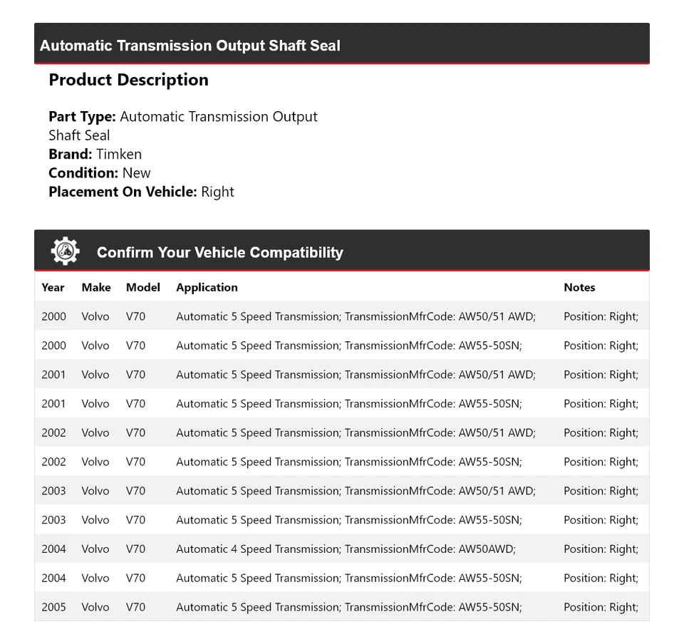 Sello de eje de salida de transmisión automática Timken derecho para Volvo V70 2000-2005 Foto 2 de 4