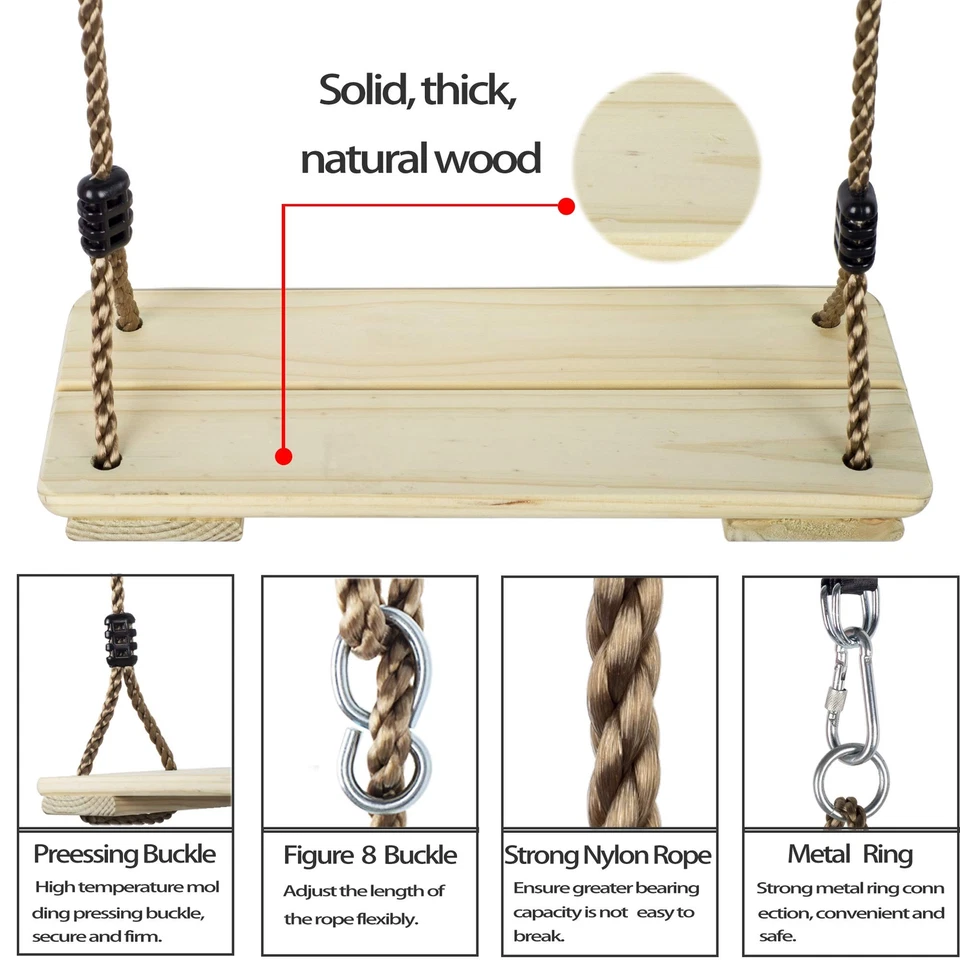 Asiento Columpio de Madera, Columpio de Madera Exterior Nostálgico para Niños, Columpio de Árbol para Adultos Foto 3 de 4