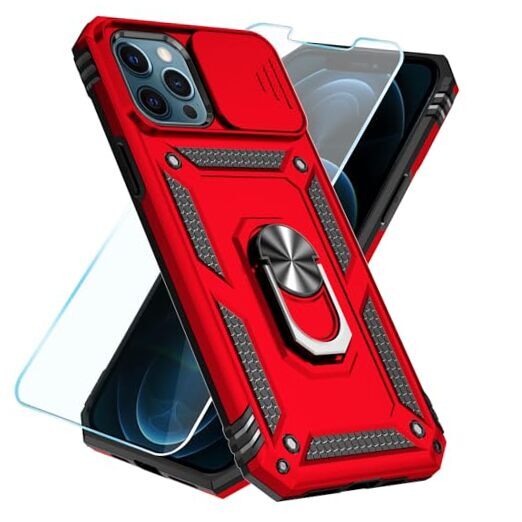 SunStory for iPhone 12 Pro Max Case with HD Screen Protector & Slide Camera Red