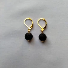 Lava Rock Black Natural Gemstone Earrings Gold Tone Leverback Huggies Handmade