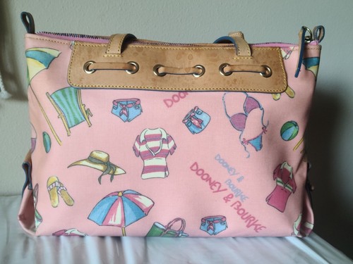 Y2K Dooney & Bourke Pink Miami Beach Coated Canvas Purse Tote Bag Tassel *READ* - Picture 2 of 9