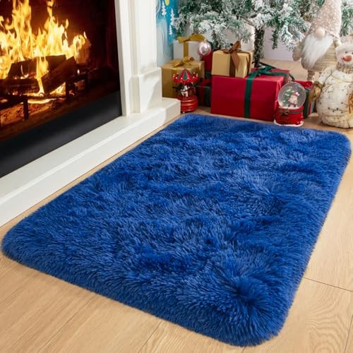 Navy Blue 2x3 Rug Super Soft Shaggy Area Rug Fluffy Bedroom Doormat, Modern