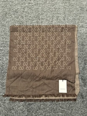 NWT Gucci GG Logo Jacquard Wool/Silk Blend Scarf Brown Made In Italy READ