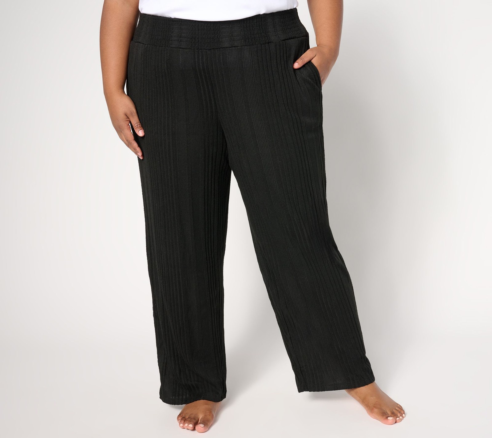 Cuddl Duds Women's Pants Sz M Variegated Rib Smocked Waist Lounge Black A656108