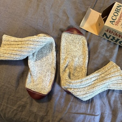 Acorn Slipper Socks M9-10 W10.5-11.5 Leather Wool Grey Twist USA