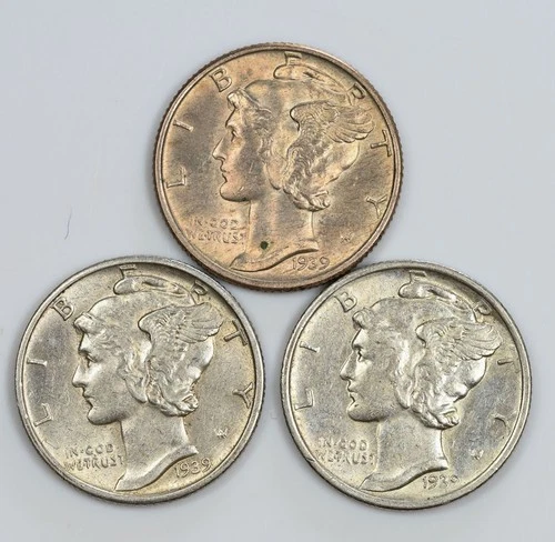 1939 PDS Mercury Dimes XF/AU Silver 10c Lot of 3