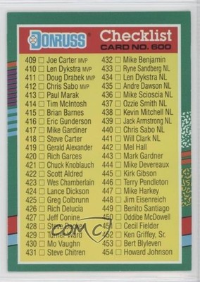 1991 Donruss Checklist Cards 409-506 (2 Orange Stripes on Right Border) 0l1o