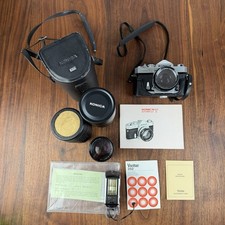 KONICA AUTOREFLEX T Vintage Camera Set black W/ 3 Lenses Flash Paper Work READ