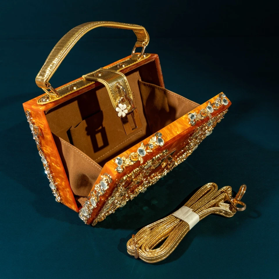 Bolso de Mano Verano Hill Acrílico Caja Naranja Dorado Diseño Floral Nuevo sin Etiquetas Foto 3 de 4