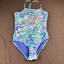 Hurley Girls One Piece Swimsuit Purple Teal Marble Tie Dye Heart Logo Size 10/12