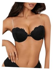 Women's Lace Strapless Bra Front Closure Push Up Bandeau Large Black a