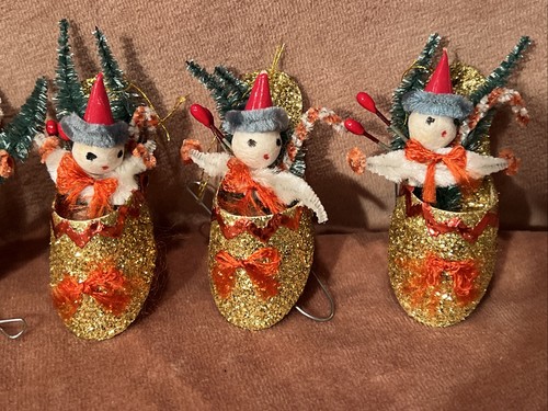 5 Vintage Weihnachten, Schneemänner Bäume Ornamente Japan Karton Schuh Glitzer 3,5" - Bild 3 von 6