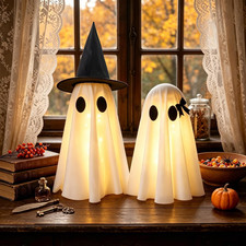 Halloween Decorations Indoor,Set of 2 Light-Up Ghosts Decor with Witch Hats Ha