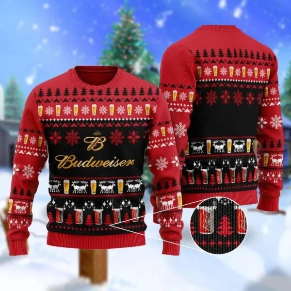 Christmas Scene Ugly Sweater with Budweiser Beer