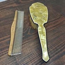 Vintage Celluloid Gold Tone Pearlized Hair Brush W Gold Tone Metal Top Comb