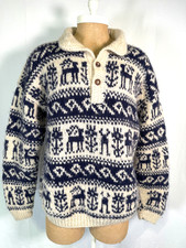 Chunky Knit Pure Wool Aztec Print Hand knit Nepal Fisherman Sweater Pullover L