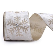4 Inch Ivory Velvet Wired Ribbon 10 Yards Snowflake Metallic Crushed Velvet C...