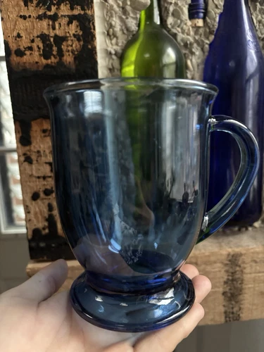 Cobalt Blue Anchor Hocking Glass Pedestal Coffee Mug with Handle USA ~ 5" Tall