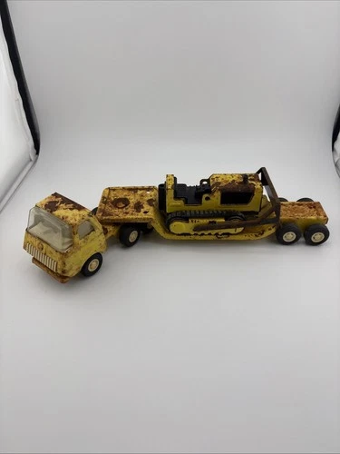 Vintage 70's Tonka Yellow  Truck & LowBoy Trailer With Caterpillar Tractor USA