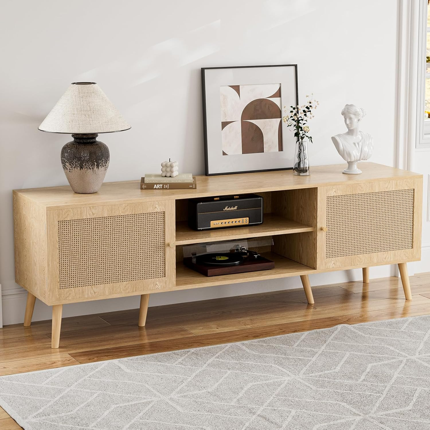 For Tvs Up To 65'', Rattan Doors & 2 Cabinets, Natural Finis