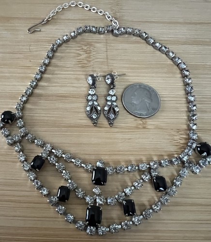 Vintage glitzernder glamouröser klarer Strass & schwarzer Halsreif Halskette & Ohrringe Set 2 - Bild 2 von 5