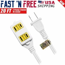 20 FT 3 Outlet 2 Prong Indoor Wall Power AC Extension Cord Cable White UL Listed