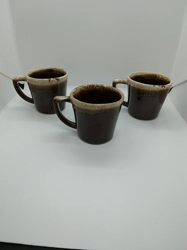 Vintage McCoy Brown Drip Glaze Coffee Mugs Cups D Handle Pottery USA Set of 3