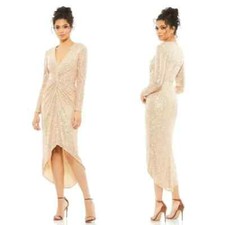 NWT Mac Duggal Sequin Knotted Long Sleeve Midi Dress 26549 SZ 14 NUDE