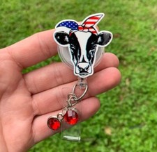 Patriotic Cow Nurse Badge Holder/ID Card Reels/Medical Nurse RN/Gift/Lanyard